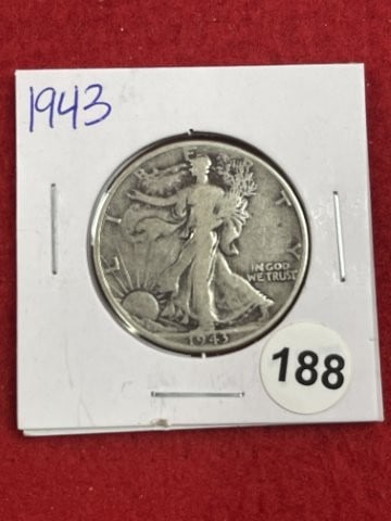1943 Walking Liberty Half Dollar Silver Coin: KEY WORDS: INDIAN ARTIFACT ARTIFACTS ARROWHEAD ARROWHEADS NATIVE AMERICAN MISSISSIPPIAN QUAPAW CADDO POTTERY COINS MORGAN DOLLAR PEACE DOLLAR SILVER COINS. All coins have been Sigma tested for authent