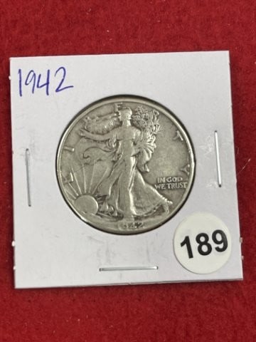 1942 Walking Liberty Half Dollar Silver Coin: KEY WORDS: INDIAN ARTIFACT ARTIFACTS ARROWHEAD ARROWHEADS NATIVE AMERICAN MISSISSIPPIAN QUAPAW CADDO POTTERY COINS MORGAN DOLLAR PEACE DOLLAR SILVER COINS. All coins have been Sigma tested for