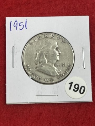 1951 Franklin Half Dollar Silver Coin: KEY WORDS: INDIAN ARTIFACT ARTIFACTS ARROWHEAD ARROWHEADS NATIVE AMERICAN MISSISSIPPIAN QUAPAW CADDO POTTERY COINS MORGAN DOLLAR PEACE DOLLAR SILVER COINS. All coins have been Sigma tested for