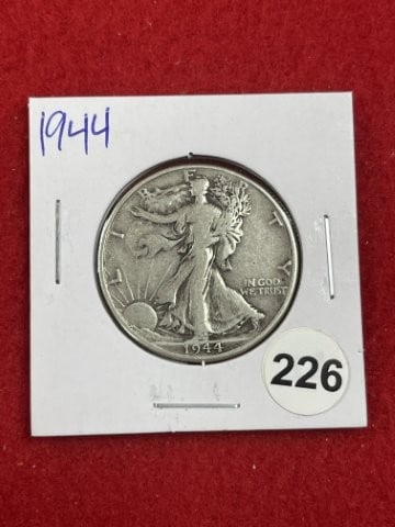 1944 Walking Liberty Half Dollar Silver Coin: KEY WORDS: INDIAN ARTIFACT ARTIFACTS ARROWHEAD ARROWHEADS NATIVE AMERICAN MISSISSIPPIAN QUAPAW CADDO POTTERY COINS MORGAN DOLLAR PEACE DOLLAR SILVER COINS. All coins have been Sigma tested for