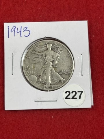 1943 Walking Liberty Half Dollar Silver Coin: KEY WORDS: INDIAN ARTIFACT ARTIFACTS ARROWHEAD ARROWHEADS NATIVE AMERICAN MISSISSIPPIAN QUAPAW CADDO POTTERY COINS MORGAN DOLLAR PEACE DOLLAR SILVER COINS. All coins have been Sigma tested for