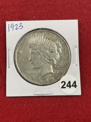 1923 Peace Silver Dollar Coin: KEY WORDS: INDIAN ARTIFACT ARTIFACTS ARROWHEAD ARROWHEADS NATIVE AMERICAN MISSISSIPPIAN QUAPAW CADDO POTTERY COINS MORGAN DOLLAR PEACE DOLLAR SILVER COINS. All coins have been Sigma tested for authent