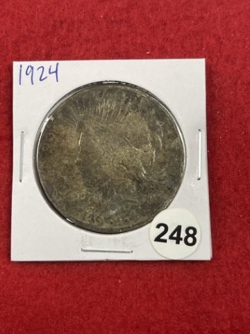1924 Peace Silver Dollar Coin: KEY WORDS: INDIAN ARTIFACT ARTIFACTS ARROWHEAD ARROWHEADS NATIVE AMERICAN MISSISSIPPIAN QUAPAW CADDO POTTERY COINS MORGAN DOLLAR PEACE DOLLAR SILVER COINS. All coins have been Sigma tested for authent