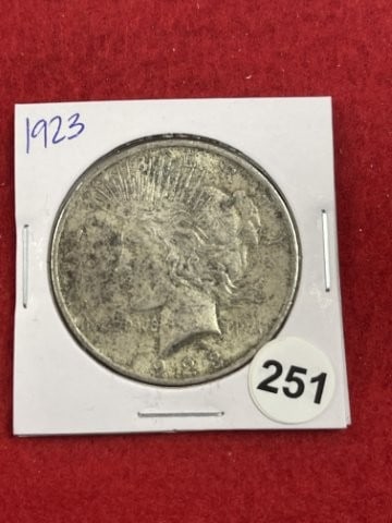 1923 Peace Silver Dollar Coin: KEY WORDS: INDIAN ARTIFACT ARTIFACTS ARROWHEAD ARROWHEADS NATIVE AMERICAN MISSISSIPPIAN QUAPAW CADDO POTTERY COINS MORGAN DOLLAR PEACE DOLLAR SILVER COINS. All coins have been Sigma tested for authent