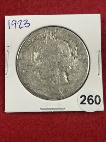 1923 Peace Silver Dollar Coin: KEY WORDS: INDIAN ARTIFACT ARTIFACTS ARROWHEAD ARROWHEADS NATIVE AMERICAN MISSISSIPPIAN QUAPAW CADDO POTTERY COINS MORGAN DOLLAR PEACE DOLLAR SILVER COINS. All coins have been Sigma tested for authent