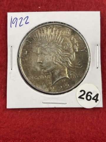 1922 Peace Silver Dollar Coin: KEY WORDS: INDIAN ARTIFACT ARTIFACTS ARROWHEAD ARROWHEADS NATIVE AMERICAN MISSISSIPPIAN QUAPAW CADDO POTTERY COINS MORGAN DOLLAR PEACE DOLLAR SILVER COINS. All coins have been Sigma tested for