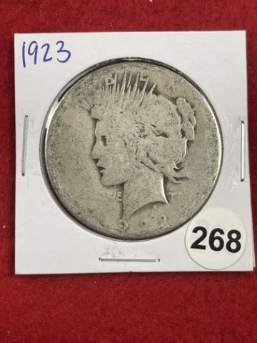 1923 Peace Silver Dollar Coin: KEY WORDS: INDIAN ARTIFACT ARTIFACTS ARROWHEAD ARROWHEADS NATIVE AMERICAN MISSISSIPPIAN QUAPAW CADDO POTTERY COINS MORGAN DOLLAR PEACE DOLLAR SILVER COINS. All coins have been Sigma tested for authent