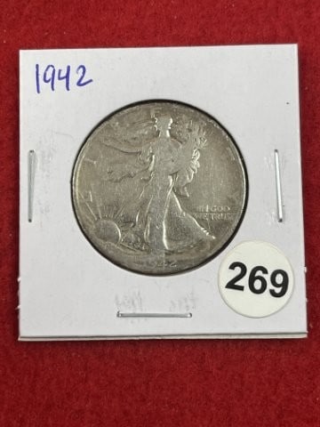 1942 Walking Liberty Half Dollar Silver Coin: KEY WORDS: INDIAN ARTIFACT ARTIFACTS ARROWHEAD ARROWHEADS NATIVE AMERICAN MISSISSIPPIAN QUAPAW CADDO POTTERY COINS MORGAN DOLLAR PEACE DOLLAR SILVER COINS. All coins have been Sigma tested for authent