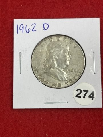 1962 D Franklin Half Dollar Silver Coin: KEY WORDS: INDIAN ARTIFACT ARTIFACTS ARROWHEAD ARROWHEADS NATIVE AMERICAN MISSISSIPPIAN QUAPAW CADDO POTTERY COINS MORGAN DOLLAR PEACE DOLLAR SILVER COINS. All coins have been Sigma tested for