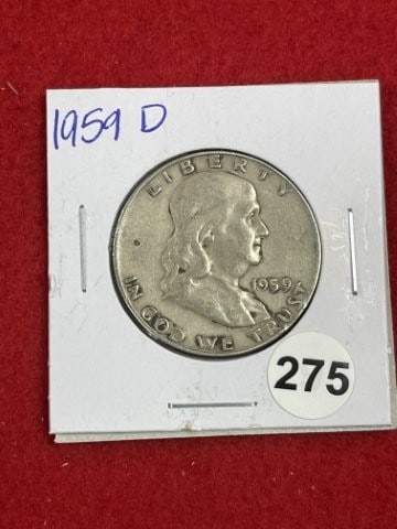 1959 D Franklin Half Dollar Silver Coin: KEY WORDS: INDIAN ARTIFACT ARTIFACTS ARROWHEAD ARROWHEADS NATIVE AMERICAN MISSISSIPPIAN QUAPAW CADDO POTTERY COINS MORGAN DOLLAR PEACE DOLLAR SILVER COINS. All coins have been Sigma tested for