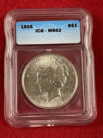 1925 MS62 Peace Silver Dollar Coin: KEY WORDS: INDIAN ARTIFACT ARTIFACTS ARROWHEAD ARROWHEADS NATIVE AMERICAN MISSISSIPPIAN QUAPAW CADDO POTTERY COINS MORGAN DOLLAR PEACE DOLLAR SILVER COINS. All coins have been Sigma tested for