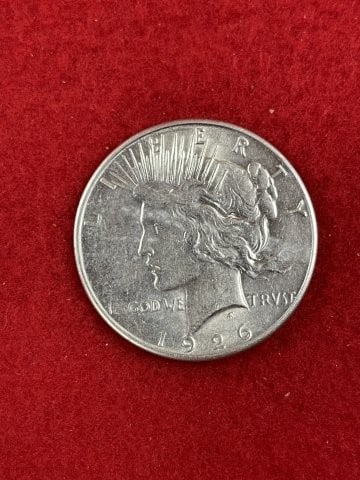 1926 Peace Silver Dollar Coin: KEY WORDS: INDIAN ARTIFACT ARTIFACTS ARROWHEAD ARROWHEADS NATIVE AMERICAN MISSISSIPPIAN QUAPAW CADDO POTTERY COINS MORGAN DOLLAR PEACE DOLLAR SILVER COINS. All coins have been Sigma tested for