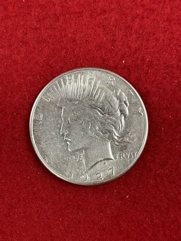 1927 Peace Silver Dollar Coin: KEY WORDS: INDIAN ARTIFACT ARTIFACTS ARROWHEAD ARROWHEADS NATIVE AMERICAN MISSISSIPPIAN QUAPAW CADDO POTTERY COINS MORGAN DOLLAR PEACE DOLLAR SILVER COINS. All coins have been Sigma tested for authent