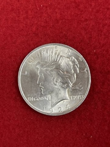 1924 Peace Silver Dollar Coin: KEY WORDS: INDIAN ARTIFACT ARTIFACTS ARROWHEAD ARROWHEADS NATIVE AMERICAN MISSISSIPPIAN QUAPAW CADDO POTTERY COINS MORGAN DOLLAR PEACE DOLLAR SILVER COINS. All coins have been Sigma tested for