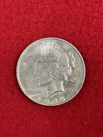 1923 Peace Silver Dollar Coin: KEY WORDS: INDIAN ARTIFACT ARTIFACTS ARROWHEAD ARROWHEADS NATIVE AMERICAN MISSISSIPPIAN QUAPAW CADDO POTTERY COINS MORGAN DOLLAR PEACE DOLLAR SILVER COINS. All coins have been Sigma tested for