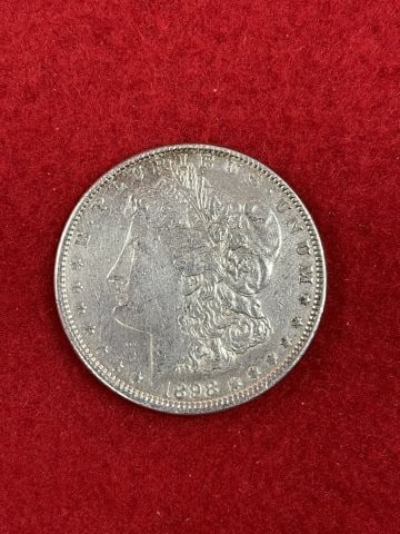 1898 Morgan Silver Dollar Coin: KEY WORDS: INDIAN ARTIFACT ARTIFACTS ARROWHEAD ARROWHEADS NATIVE AMERICAN MISSISSIPPIAN QUAPAW CADDO POTTERY COINS MORGAN DOLLAR PEACE DOLLAR SILVER COINS. All coins have been Sigma tested for authent