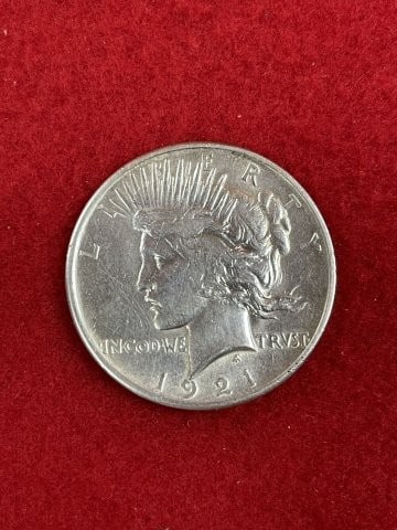 1921 Rare Peace Silver Dollar Coin: KEY WORDS: INDIAN ARTIFACT ARTIFACTS ARROWHEAD ARROWHEADS NATIVE AMERICAN MISSISSIPPIAN QUAPAW CADDO POTTERY COINS MORGAN DOLLAR PEACE DOLLAR SILVER COINS. All coins have been Sigma tested for authent