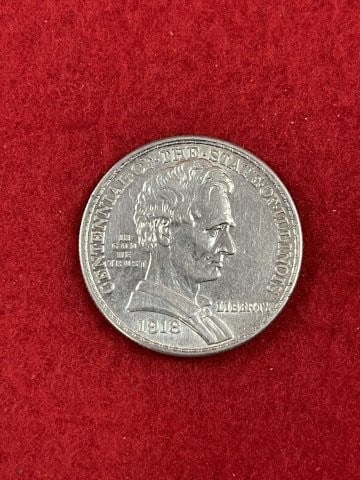 1918 Illinois Centennial Half Dollar: KEY WORDS: INDIAN ARTIFACT ARTIFACTS ARROWHEAD ARROWHEADS NATIVE AMERICAN MISSISSIPPIAN QUAPAW CADDO POTTERY COINS MORGAN DOLLAR PEACE DOLLAR SILVER COINS. All coins have been Sigma tested for