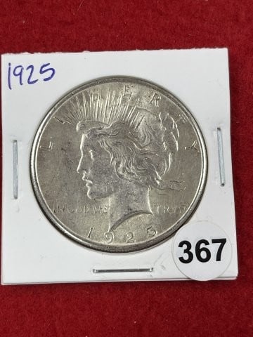 1925 Peace Silver Dollar Coin: KEY WORDS: INDIAN ARTIFACT ARTIFACTS ARROWHEAD ARROWHEADS NATIVE AMERICAN MISSISSIPPIAN QUAPAW CADDO POTTERY COINS MORGAN DOLLAR PEACE DOLLAR SILVER COINS. All coins have been Sigma tested for