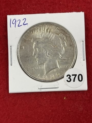 1922 Peace Silver Dollar Coin: KEY WORDS: INDIAN ARTIFACT ARTIFACTS ARROWHEAD ARROWHEADS NATIVE AMERICAN MISSISSIPPIAN QUAPAW CADDO POTTERY COINS MORGAN DOLLAR PEACE DOLLAR SILVER COINS. All coins have been Sigma tested for