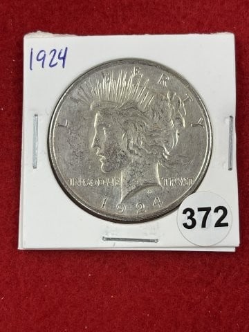 1924 Peace Silver Dollar Coin: KEY WORDS: INDIAN ARTIFACT ARTIFACTS ARROWHEAD ARROWHEADS NATIVE AMERICAN MISSISSIPPIAN QUAPAW CADDO POTTERY COINS MORGAN DOLLAR PEACE DOLLAR SILVER COINS. All coins have been Sigma tested for