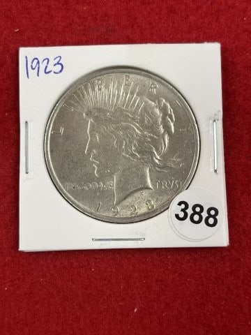 1923 Peace Silver Dollar Coin: KEY WORDS: INDIAN ARTIFACT ARTIFACTS ARROWHEAD ARROWHEADS NATIVE AMERICAN MISSISSIPPIAN QUAPAW CADDO POTTERY COINS MORGAN DOLLAR PEACE DOLLAR SILVER COINS. All coins have been Sigma tested for
