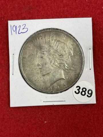 1923 Peace Silver Dollar Coin: KEY WORDS: INDIAN ARTIFACT ARTIFACTS ARROWHEAD ARROWHEADS NATIVE AMERICAN MISSISSIPPIAN QUAPAW CADDO POTTERY COINS MORGAN DOLLAR PEACE DOLLAR SILVER COINS. All coins have been Sigma tested for