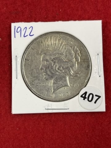 1922 Peace Silver Dollar Coin: KEY WORDS: INDIAN ARTIFACT ARTIFACTS ARROWHEAD ARROWHEADS NATIVE AMERICAN MISSISSIPPIAN QUAPAW CADDO POTTERY COINS MORGAN DOLLAR PEACE DOLLAR SILVER COINS. All coins have been Sigma tested for
