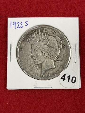 1922 S Peace Silver Dollar Coin: KEY WORDS: INDIAN ARTIFACT ARTIFACTS ARROWHEAD ARROWHEADS NATIVE AMERICAN MISSISSIPPIAN QUAPAW CADDO POTTERY COINS MORGAN DOLLAR PEACE DOLLAR SILVER COINS. All coins have been Sigma tested for