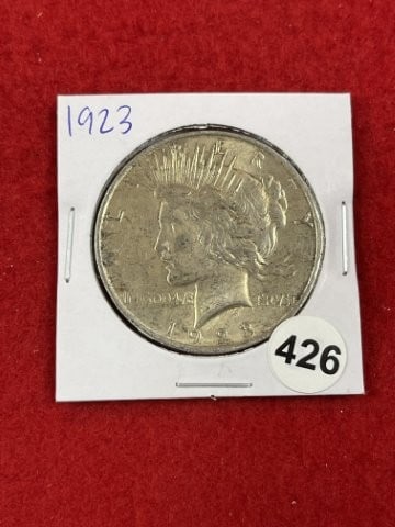 1923 Peace Silver Dollar Coin: KEY WORDS: INDIAN ARTIFACT ARTIFACTS ARROWHEAD ARROWHEADS NATIVE AMERICAN MISSISSIPPIAN QUAPAW CADDO POTTERY COINS MORGAN DOLLAR PEACE DOLLAR SILVER COINS. All coins have been Sigma tested for