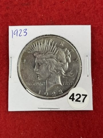 1923 Peace Silver Dollar Coin: KEY WORDS: INDIAN ARTIFACT ARTIFACTS ARROWHEAD ARROWHEADS NATIVE AMERICAN MISSISSIPPIAN QUAPAW CADDO POTTERY COINS MORGAN DOLLAR PEACE DOLLAR SILVER COINS. All coins have been Sigma tested for