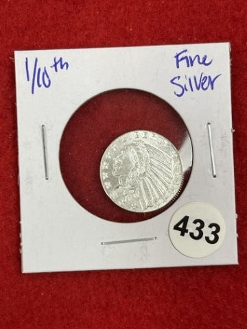 1/10th Fine Silver Coin: KEY WORDS: INDIAN ARTIFACT ARTIFACTS ARROWHEAD ARROWHEADS NATIVE AMERICAN MISSISSIPPIAN QUAPAW CADDO POTTERY COINS MORGAN DOLLAR PEACE DOLLAR SILVER COINS. All coins have been Sigma tested for