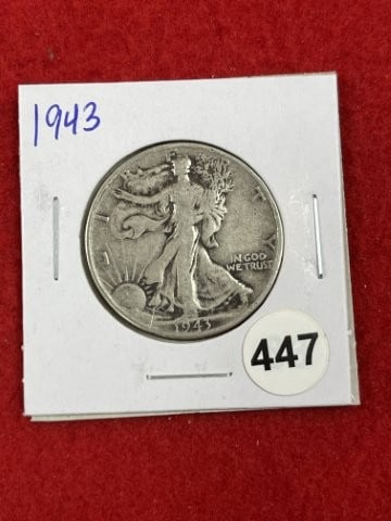 1943 Walking Liberty Half Dollar Silver Coin: KEY WORDS: INDIAN ARTIFACT ARTIFACTS ARROWHEAD ARROWHEADS NATIVE AMERICAN MISSISSIPPIAN QUAPAW CADDO POTTERY COINS MORGAN DOLLAR PEACE DOLLAR SILVER COINS. All coins have been Sigma tested for authent