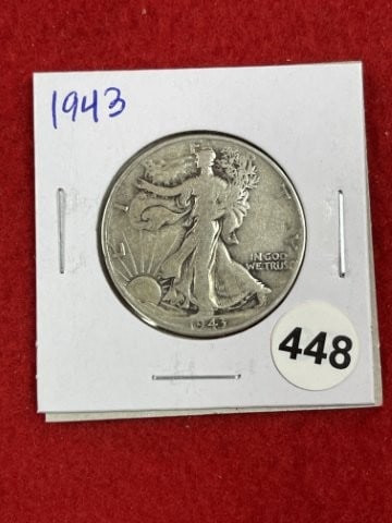 1943 Walking Liberty Half Dollar Silver Coin: KEY WORDS: INDIAN ARTIFACT ARTIFACTS ARROWHEAD ARROWHEADS NATIVE AMERICAN MISSISSIPPIAN QUAPAW CADDO POTTERY COINS MORGAN DOLLAR PEACE DOLLAR SILVER COINS. All coins have been Sigma tested for