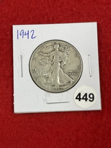 1942 Walking Liberty Half Dollar Silver Coin: KEY WORDS: INDIAN ARTIFACT ARTIFACTS ARROWHEAD ARROWHEADS NATIVE AMERICAN MISSISSIPPIAN QUAPAW CADDO POTTERY COINS MORGAN DOLLAR PEACE DOLLAR SILVER COINS. All coins have been Sigma tested for authent