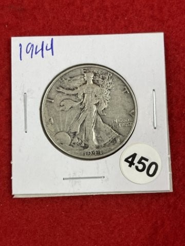 1944 Walking Liberty Half Dollar Silver Coin: KEY WORDS: INDIAN ARTIFACT ARTIFACTS ARROWHEAD ARROWHEADS NATIVE AMERICAN MISSISSIPPIAN QUAPAW CADDO POTTERY COINS MORGAN DOLLAR PEACE DOLLAR SILVER COINS. All coins have been Sigma tested for