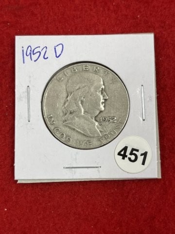 1952 D Franklin Half Dollar Silver Coin: KEY WORDS: INDIAN ARTIFACT ARTIFACTS ARROWHEAD ARROWHEADS NATIVE AMERICAN MISSISSIPPIAN QUAPAW CADDO POTTERY COINS MORGAN DOLLAR PEACE DOLLAR SILVER COINS. All coins have been Sigma tested for