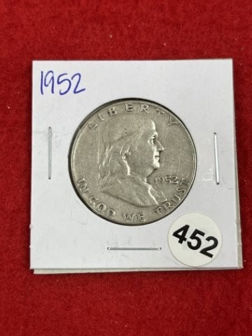 1952 Franklin Half Dollar Silver Coin: KEY WORDS: INDIAN ARTIFACT ARTIFACTS ARROWHEAD ARROWHEADS NATIVE AMERICAN MISSISSIPPIAN QUAPAW CADDO POTTERY COINS MORGAN DOLLAR PEACE DOLLAR SILVER COINS. All coins have been Sigma tested for
