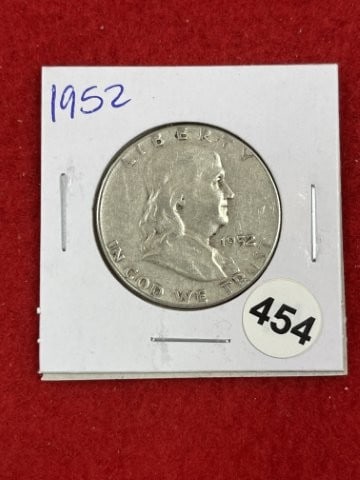 1952 Franklin Half Dollar Silver Coin: KEY WORDS: INDIAN ARTIFACT ARTIFACTS ARROWHEAD ARROWHEADS NATIVE AMERICAN MISSISSIPPIAN QUAPAW CADDO POTTERY COINS MORGAN DOLLAR PEACE DOLLAR SILVER COINS. All coins have been Sigma tested for