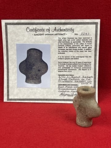 2 & 1/2" Bottle Bannerstone with Byron Anderson COA from Dubois County, Indiana ex - Warren Halbert: 2 & 1/2" Bottle Bannerstone with Byron Anderson COA from Dubois County, Indiana ex - Warren Halbert Collection Indian Artifact Arrowhead