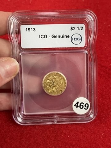 1913 ICG - Genuine $2 Gold Coin: KEY WORDS: INDIAN ARTIFACT ARTIFACTS ARROWHEAD ARROWHEADS NATIVE AMERICAN MISSISSIPPIAN QUAPAW CADDO POTTERY COINS MORGAN DOLLAR PEACE DOLLAR SILVER COINS. All coins have been Sigma tested for authent