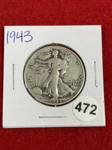 1943 Walking Liberty Half Dollar Silver Coin: KEY WORDS: INDIAN ARTIFACT ARTIFACTS ARROWHEAD ARROWHEADS NATIVE AMERICAN MISSISSIPPIAN QUAPAW CADDO POTTERY COINS MORGAN DOLLAR PEACE DOLLAR SILVER COINS. All coins have been Sigma tested for authent