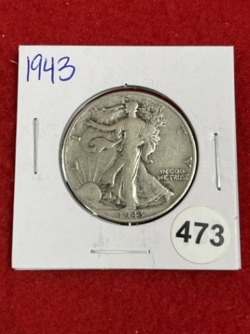 1943 Walking Liberty Half Dollar Silver Coin: KEY WORDS: INDIAN ARTIFACT ARTIFACTS ARROWHEAD ARROWHEADS NATIVE AMERICAN MISSISSIPPIAN QUAPAW CADDO POTTERY COINS MORGAN DOLLAR PEACE DOLLAR SILVER COINS. All coins have been Sigma tested for authent