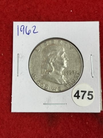 1962 Franklin Half Dollar Silver Coin: KEY WORDS: INDIAN ARTIFACT ARTIFACTS ARROWHEAD ARROWHEADS NATIVE AMERICAN MISSISSIPPIAN QUAPAW CADDO POTTERY COINS MORGAN DOLLAR PEACE DOLLAR SILVER COINS. All coins have been Sigma tested for authent