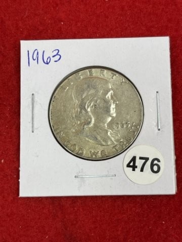 1963 Franklin Half Dollar Silver Coin: KEY WORDS: INDIAN ARTIFACT ARTIFACTS ARROWHEAD ARROWHEADS NATIVE AMERICAN MISSISSIPPIAN QUAPAW CADDO POTTERY COINS MORGAN DOLLAR PEACE DOLLAR SILVER COINS. All coins have been Sigma tested for authent