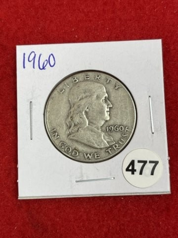 1960 Franklin Half Dollar Silver Coin: KEY WORDS: INDIAN ARTIFACT ARTIFACTS ARROWHEAD ARROWHEADS NATIVE AMERICAN MISSISSIPPIAN QUAPAW CADDO POTTERY COINS MORGAN DOLLAR PEACE DOLLAR SILVER COINS. All coins have been Sigma tested for authent