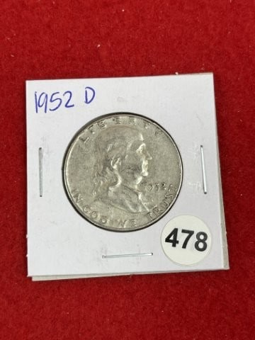 1952 D Franklin Half Dollar Silver Coin: KEY WORDS: INDIAN ARTIFACT ARTIFACTS ARROWHEAD ARROWHEADS NATIVE AMERICAN MISSISSIPPIAN QUAPAW CADDO POTTERY COINS MORGAN DOLLAR PEACE DOLLAR SILVER COINS. All coins have been Sigma tested for authent
