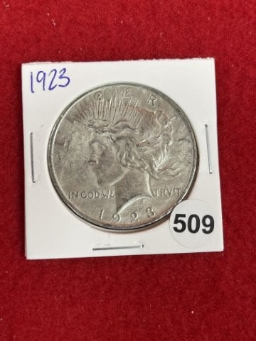 1923 Peace Silver Dollar Coin: KEY WORDS: INDIAN ARTIFACT ARTIFACTS ARROWHEAD ARROWHEADS NATIVE AMERICAN MISSISSIPPIAN QUAPAW CADDO POTTERY COINS MORGAN DOLLAR PEACE DOLLAR SILVER COINS. All coins have been Sigma tested for authent