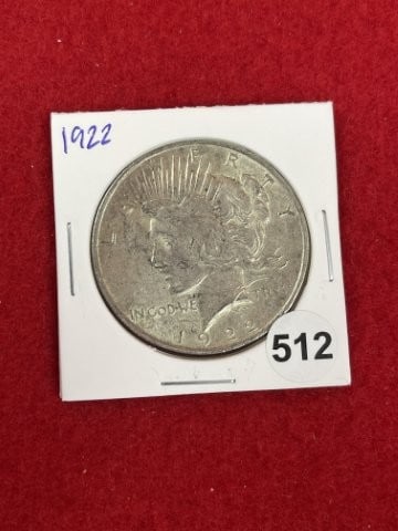 1922 Peace Silver Dollar Coin: KEY WORDS: INDIAN ARTIFACT ARTIFACTS ARROWHEAD ARROWHEADS NATIVE AMERICAN MISSISSIPPIAN QUAPAW CADDO POTTERY COINS MORGAN DOLLAR PEACE DOLLAR SILVER COINS. All coins have been Sigma tested for authent