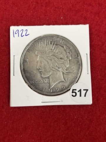1922 Peace Silver Dollar Coin: KEY WORDS: INDIAN ARTIFACT ARTIFACTS ARROWHEAD ARROWHEADS NATIVE AMERICAN MISSISSIPPIAN QUAPAW CADDO POTTERY COINS MORGAN DOLLAR PEACE DOLLAR SILVER COINS. All coins have been Sigma tested for authent